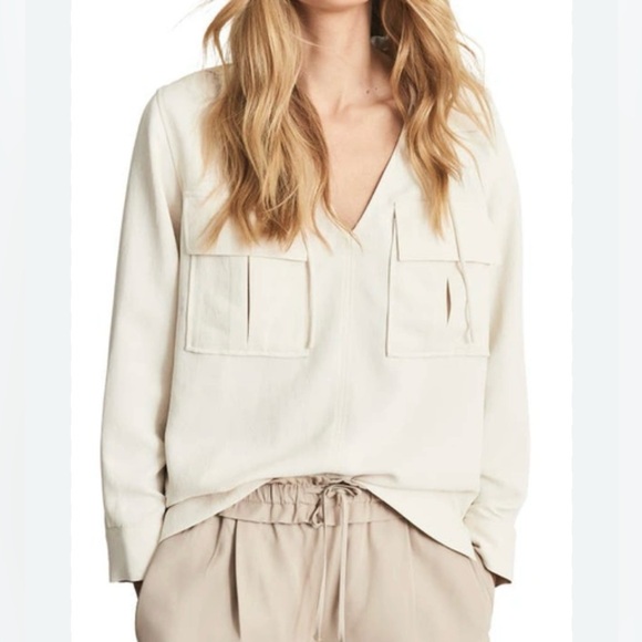 Reiss Tops - REISS Fleur Twin Pocket V-Neck Back Detail Lagenlook Minimalist Cream Blouse 0